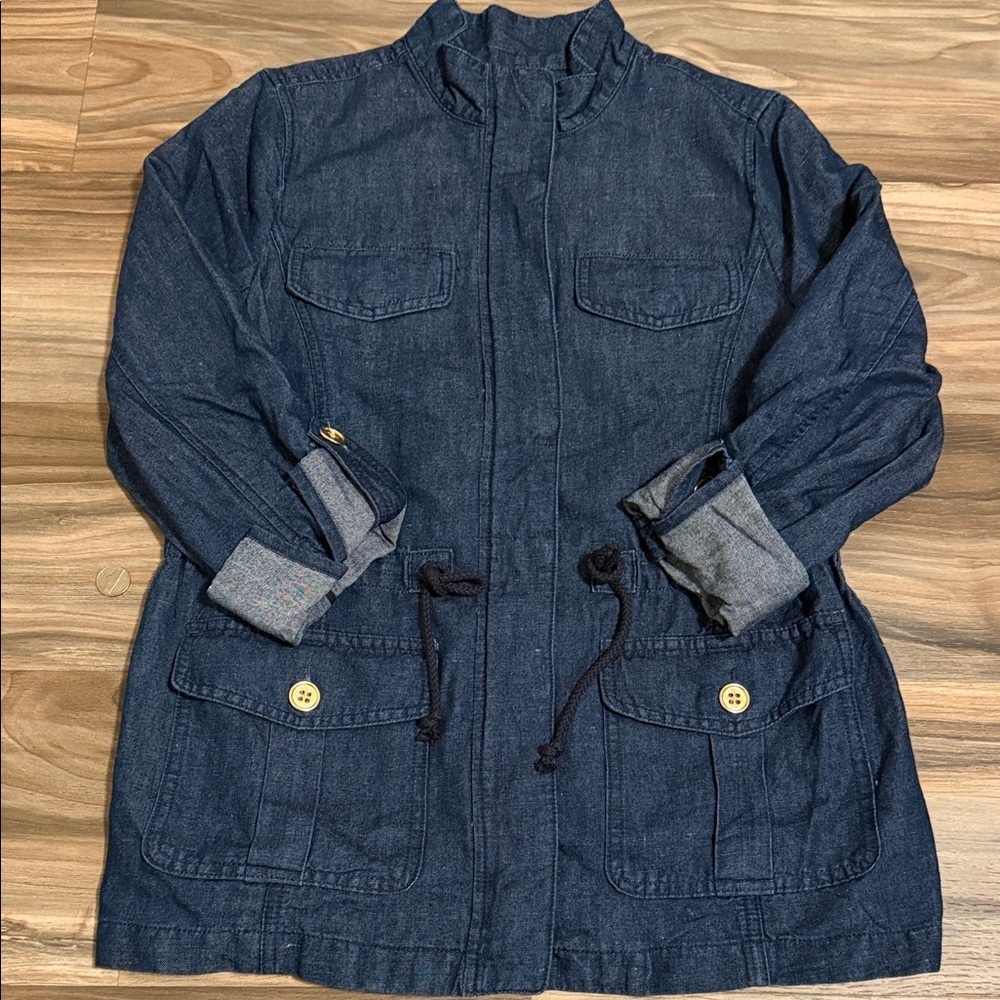 Talbots Mock Collar Jean Jacket Women's Size S Utility Jacket Zip Front Roll Tab